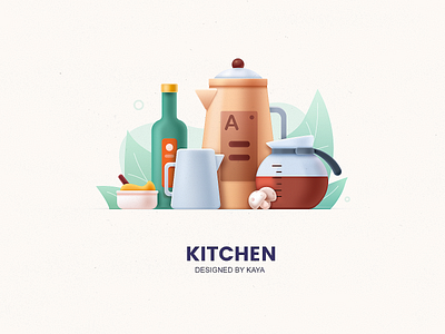 Kitchen utensils illustrations clean combination icons illustration kettle leaves mushroom ui ux