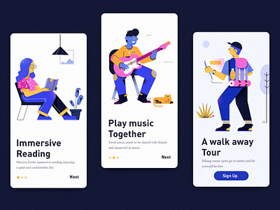Circle of friends activity program concept design V2 app application cards character enjoying hiking moblie music reading splash tour walk welcome page