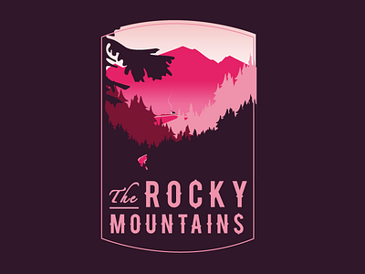 The Rocky Mountains badge cabin lake landscape mountains pink river rocky scenery trees type