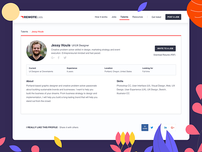 RemoteLists - Talent Profile (WIP) 2d account app clean dashboard design designer hired illustration jobs landing launch personal profile remote talent ui ux web website