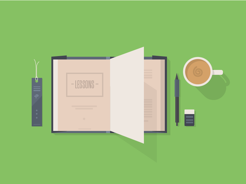 Lessons book bookmark cappuccino pen flat design omada health