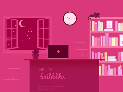 Hello Dribbble colors debut design dribbble firstshot hello illustration new night pink workplace