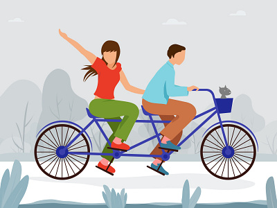 Bicycle Ride balance bicycle character couple cycling enjoy flat fun illustration pet riding trees