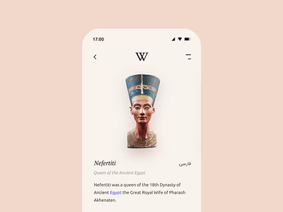 Wikipedia app Redesign 🌍 animation app application clean design egypt figma interaction iran minimal mobile mobile app motion nefertiti redesign scroll ui ux wiki wikipedia