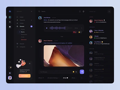 Social Media Management Dashboard 3d illustration app design black clean concept dark dashboard discord element gradient icon minimal panel premium sidebar twitch ui ux voice web design