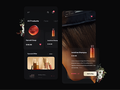 Cosmetic App app bag beauty beauty app black card clean concept cosmetic dark fashion hair minimal mobile design offer product shampoo soap ui ux