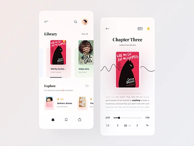 E-Book App audiobook book app book store booking app books clean ebook editorial education library light minimal mobile design online book reading app ui ux wave white