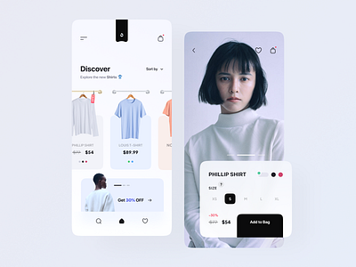 Clothing Store App bag brand clothes discover ecommerce app fashion figma minimal mobile app design mobile design model photo shopify shopping style t shirt ui ux white women