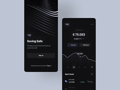 Cryptocurrency Exchange App Design ada cardano banking bitcoin black blur chart dark deposit ethereum euro finance financial fintech graph mobile app onboarding sign up splash screen stats wallet