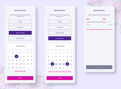Appointment Booking Flow app appdesign appointment booking calendar design interaction ios iphonex pattern slider ui userexperience userinterface ux