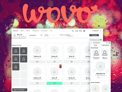 Wovo Dating App Wireframes for Desktop & Mobile application dating dating app desktop filters gamification heart interface design mobile profile search wireframe