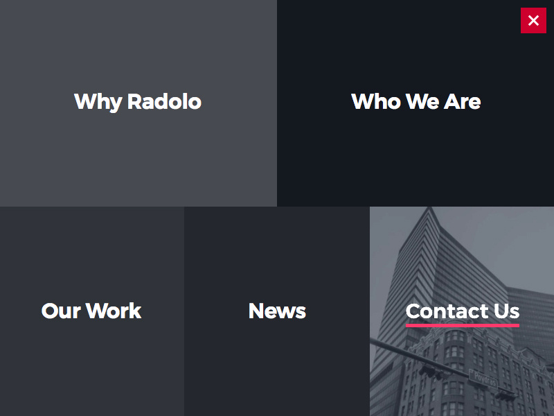 Menu Navigation Interface desktop layout close hover large text grid simple minimal navigation website overlay menu