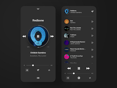 Music player exploration 1.1 - dark mode app clean dark mode dark ui design interface ios minimal mobile music music player player round shadow simple sketch stream ui uiux ux