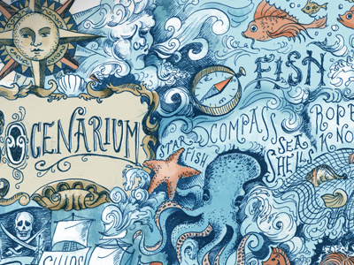 Ocenarium Nautical Print fish lettering map nautical octopus type