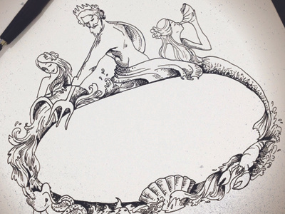 Triton, mermaids and sea creatures ink illustration mermaid nautical sea shells triton