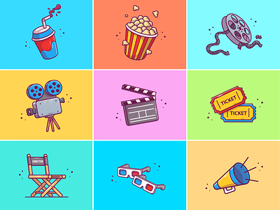 It's Movie Time! 🍿🥤🎬 camera cinema film icon illustration logo movie popcorn roll soda vector watching