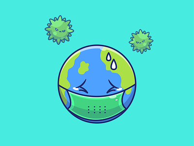 Save our earth 🌍🌍🌍 bacteria cartoon corona covid-19 cute earth fear globe icon illustration logo mascot mascot character mask sad save terror vector virus world