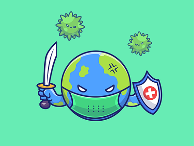 Save our earth 🌍🌍🌍 angry bacteria character corona covid 19 cute earth fight globe icon illustration logo mascot mask medical shield sword vector virus world