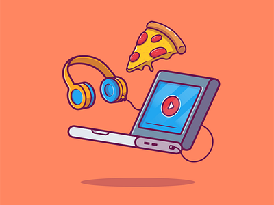 Streaming Music And Movies 💻🍕 cheese cinema fast film food headphone icon illustration junkfood laptop listening logo movies music netflix pizza play streaming technology youtube