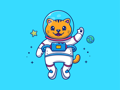 catstronaut...😹👨‍🚀🚀🌠 animal astronaut cartoon cat cosmonaut cute fish fly icon illustration kitten kitty logo pet planet rocket space spaceman star surfing