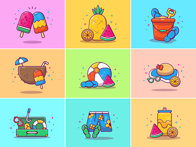 summer vibes!! 😎🍦🍍🍉🌊 ball beach bucket coconut fruit holiday ice icecream icon illustration logo orange pineapple sand sandals summer summertime swimming vacation watermelon