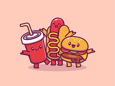 fast food family!! 😹 🍔 🍕🌭🍟🍦🍿🥤 burger character cute drink fast food french fries happy hotdog icon illustration kawaii logo mascot meal pizza popcorn sauce snack soda