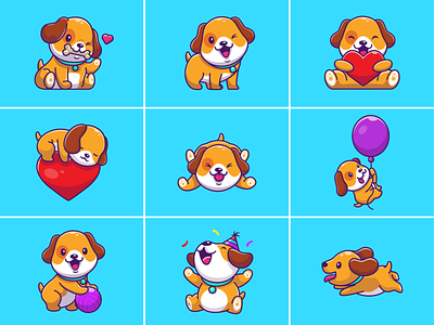 Cute Dog 🐶🦴 animal ball balloons birthday bone character cute dog doggy eat happy icon illustration logo love mascot pet puppy sleep smile