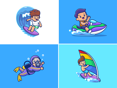 Water Sports 🌊🛥️🏊🏄‍♂️ beach boat character diving icon illustration kayak logo motorboat ocean sea sport summer surf surfer surfing swimming water wave windsurfing