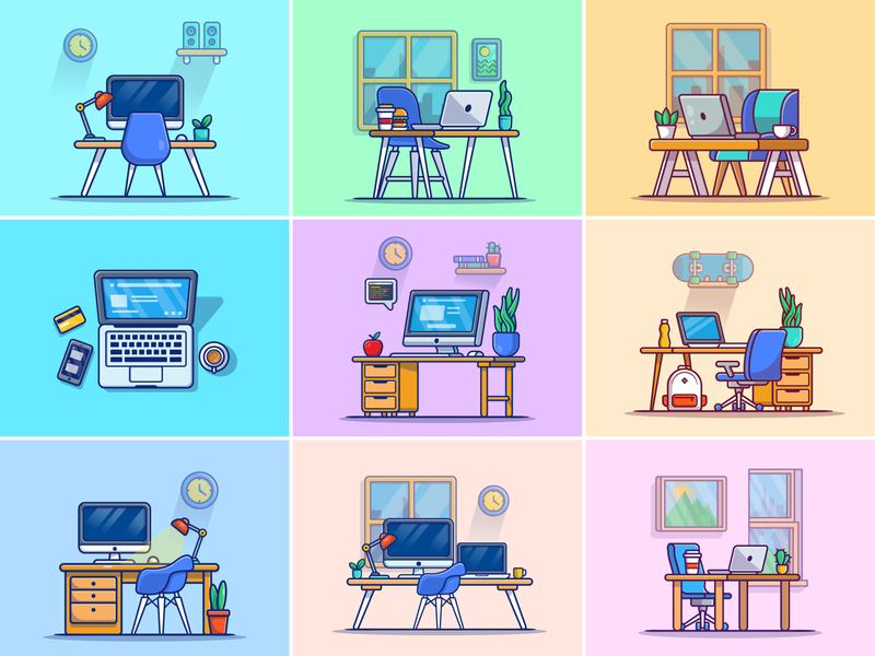 workspace setup.. 🖥️💻👨‍💻 chair coffee computer designer desktop drink food freelancer icon illustration interior laptop office pc programmer table technology window workplace workspace