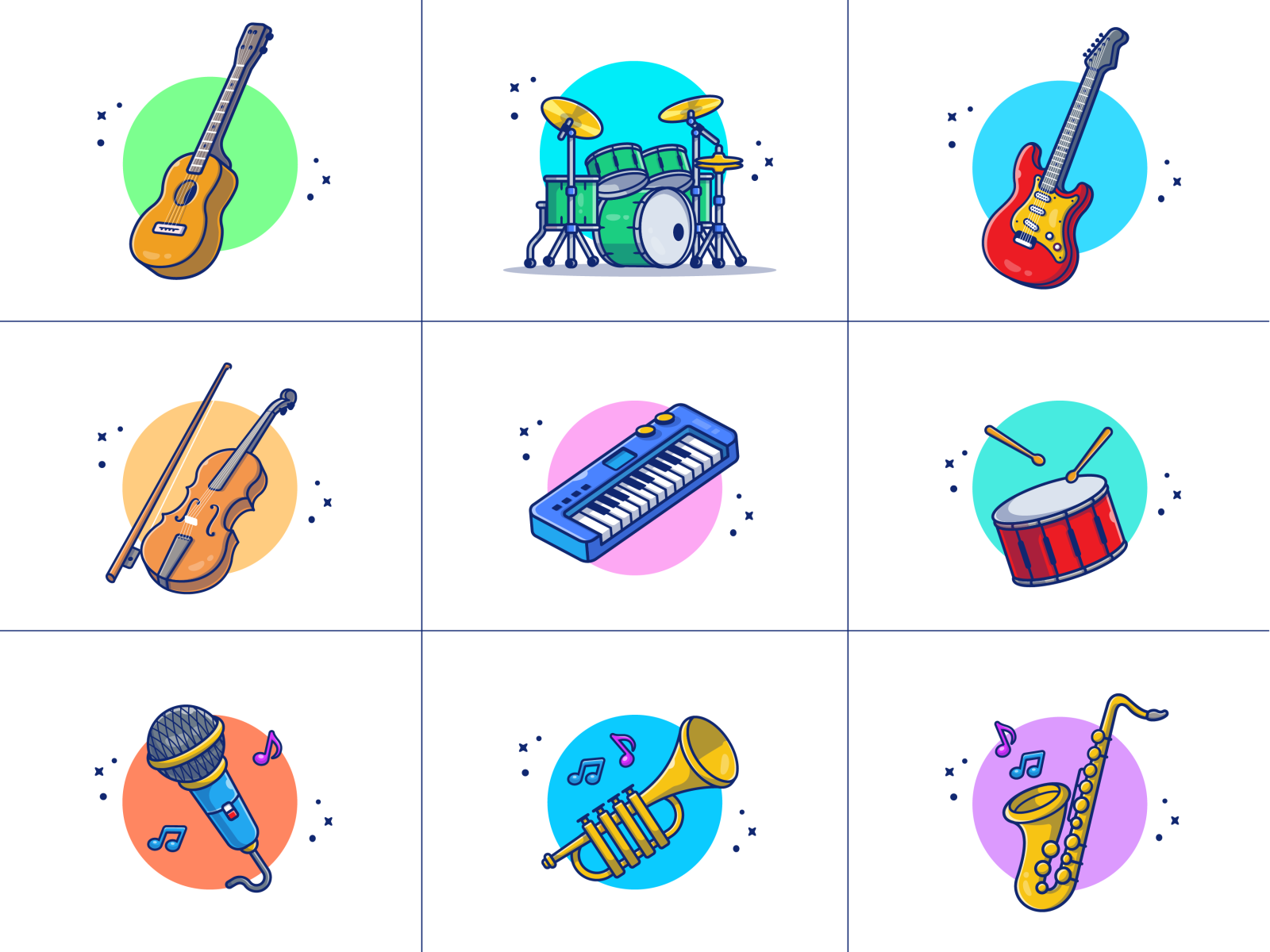 music instruments... ????????? concert cartoon logo icon illustration player musical trumpet violin piano drum song sing sound electric accoustic guitar microphone intrument music