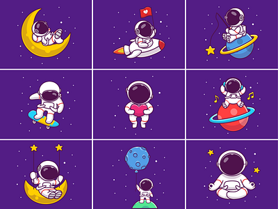 Playing Outer Space 👨‍🚀🧑‍🚀✨ astronaut character fishing floating flying icon illustration logo love mascot music planet rocket skateboard skateboards space spaceman spaceship stars yoga
