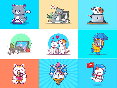 Happy International Cat Day!! 😹 😻 😼 😽 astronaut cat cat day character couple eat gaming happy icon illustration international kitten kitty laptop logo love mascot noodle sleep space