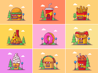 Fast Food Building!! 🍔🍩 🍟🌭🍕🥤🍦🌮🍗 building burger burrito chicken fast fastfood food french fries fried hotdog house icecream icon illustration logo pizza potato shop soda taco