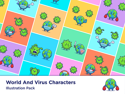 World And Virus Cartoon 🌎🦠😹 bacteria boxing character corona coronavirus cute disease disinfectant earth fever fight globe health icon illustration infection logo mascot medical virus