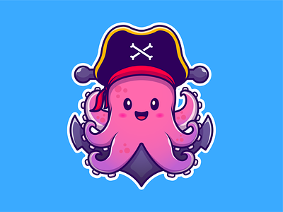 Pirate Octopus! 🐙🐙🏴‍☠️ anchor animal character cute happy hat icon illustration logo marine mascot ocean octopus pirate sailor sea squid tentacles underwater water