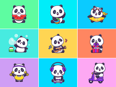 baby panda 🐼🍉🎮🎸 animal baby bear character cute eat fitness fruit game guitar gym icon illustration logo mascot panda pet summer vacation watermelon