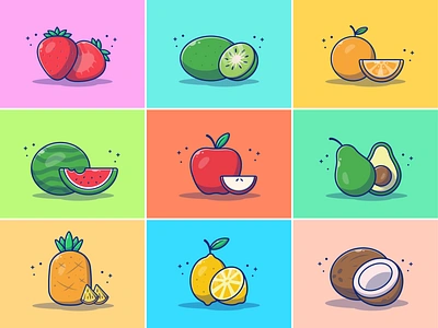 Fruit Collections!! 🍓🥝🍍🍋🍉🥑 🥥 apple avocado coconut food fresh fruit fruit logo healthy icon illustration juicy kiwi lemon logo orange pineapple strawberry summer vegetarian watermelon