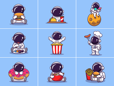 Astronaut Food 👨‍🚀🍔🌮🍦🍣🍜🍩 astronaut burger cartoon character chopstick donut doughnut food icon illustration logo mascot moon noodle planet ramen salmon soda sushi taco