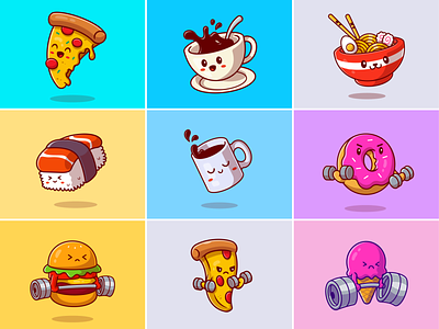 Cute food and drink🍕🍔☕🍦 barbell breakfast burger coffee cute cute food dish donuts drink food glass ice cream icon illustration logo meal noodle pizza sports sushi