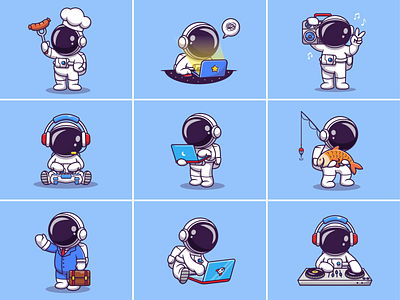 Astronaut activities🧑🏼‍🚀💻🎣🎧 activities astroman astronaut astronaut helmet cooking cute daily life fishing gaming icon illustration laptop logo radio rocket singing space unique designs working