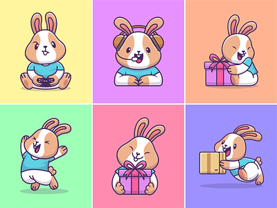 Bunny🐇🎮🎁 animal animal cloth box bunny carrot cute face expression gamers gift happy bunny headset icon illustration logo profession project for client ps5 rabbit zoo