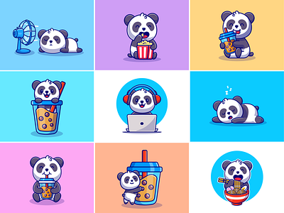 Panda🐼🍿💻 animal boba book bubble drink china cute cute panda fan icon illustration laptop logo panda panda doll panda style pop corn ramen sleepy panda studying working panda