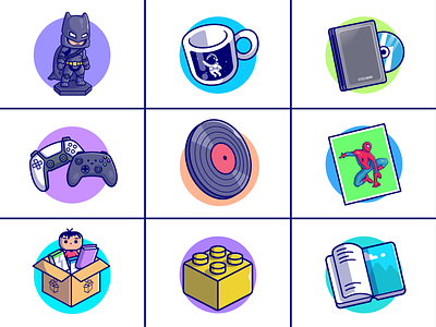 Category icons🤖💿📦 astronaut batman books box category icons cd costume cup custom games icon illustration logo movie paint ps5 spiderman stationery stuff vinyl record