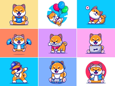 Shiba Inu🐕 animal animal pose balloon bone busy dog coffee cute cute illustration cute shiba dog dog breeds dog illustration dog logo icon illustration japan logo mascot shiba inu working animal