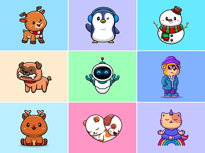 #RandomCatalyst part 7🦌🐧🐕 arctic beast cat character cute cute deer cute dog deer fawn icon illustration kitty logo mascot penguin rainbow random catalyst robot snow snowman