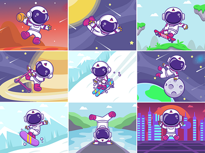 Astro sports🏐🛹⛷️ astro sports astronaut astronaut suit ball cute handball iceberg icon illustration kind of sports logo meteor moon skateboard skating sky skydiving snow space sports