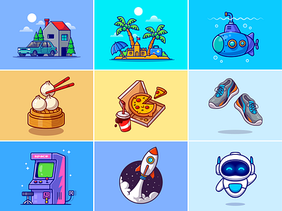 #RandomCatalyst part 11🏠🌴🍕 beach island building cute dimsun food game home icon illustration japanese food logo pizza random robot rocket shoes sneakers stuff submarine traveling