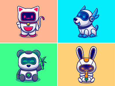 Animals robot🐱🐶🐼🐰🤖 animal animals robot cat custome animals cute dog icon illustration logo panda rabbit robot robotic zoo