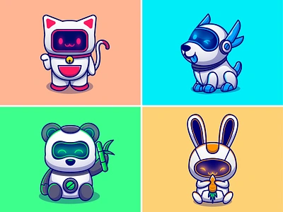 Animals robot🐱🐶🐼🐰🤖 animal animals robot cat custome animals cute dog icon illustration logo panda rabbit robot robotic zoo