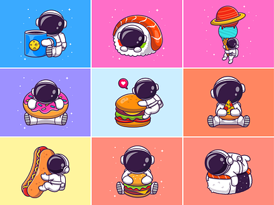 Astro food👩🏻‍🚀🍣🍦🍩 astroman astronaut astronaut activity astronaut suit custome cup cute donut fast food flying food holding food icon illustration logo moon pizza rocket sky space